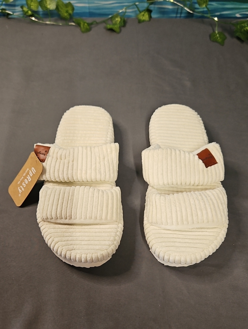 Women's Cream Double-Strap Corduroy Slide Slippers